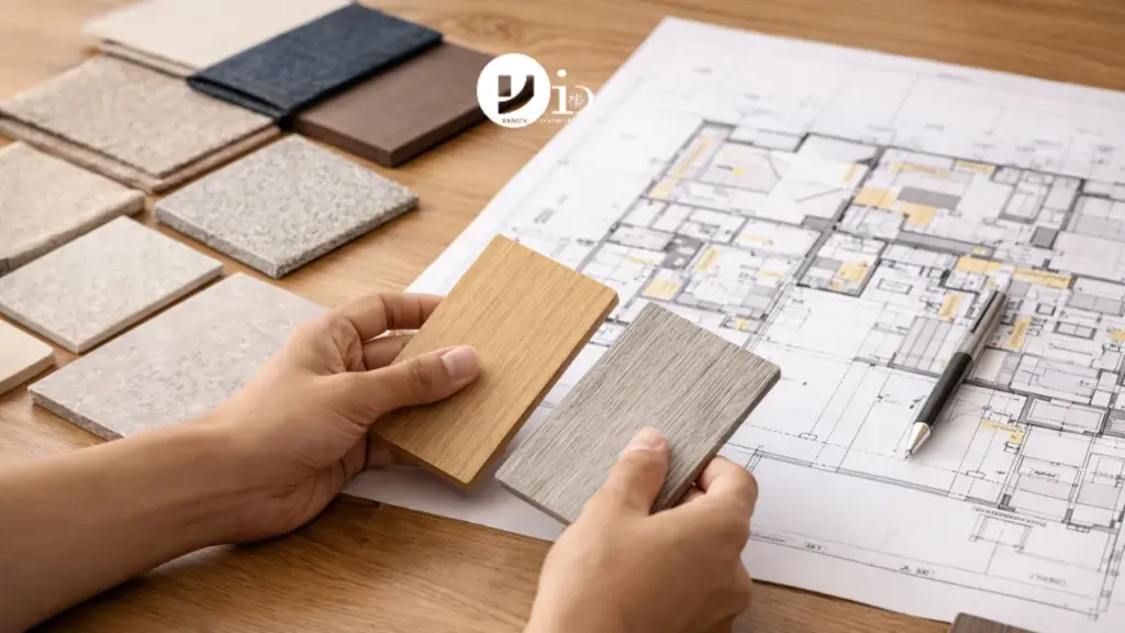 Close-up of material samples and layout plans used when working with an HDB interior designer Singapore