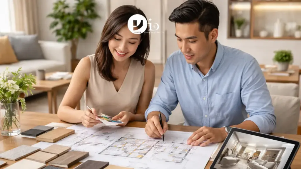 A couple reviewing design plans and materials while choosing an HDB interior designer Singapore for their home renovation