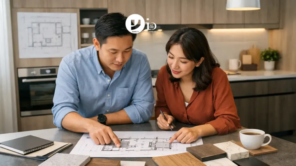 Homeowners reviewing layout plans and material samples during an HDB kitchen renovation planning process in a modern kitchen setting
