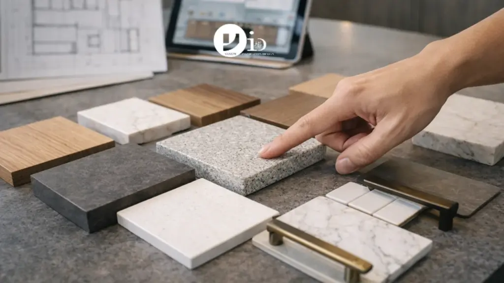 Close-up of material samples being compared for an HDB kitchen renovation, including countertop and cabinet finishes