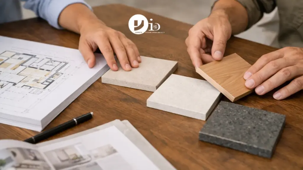 Hands comparing material samples during consultation with an hdb renovation contractor for interior renovation planning