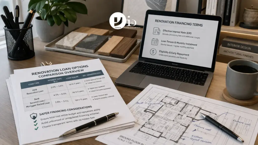 Workspace showing documents and laptop used to compare hdb renovation loan options and safer financing alternatives