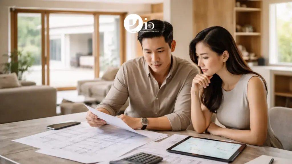 A homeowner couple reviewing renovation plans and finances for an hdb renovation loan inside a modern landed home