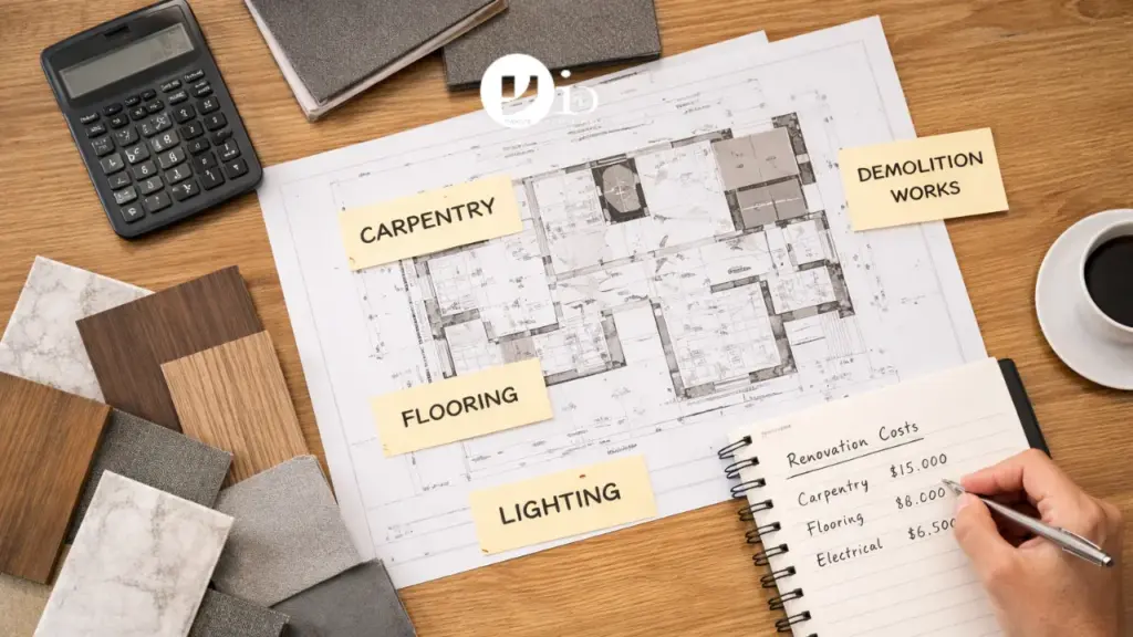 Top-down view of renovation planning documents and material samples used to evaluate the components of an HDB renovation package