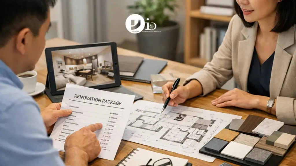 A homeowner and interior designer reviewing documents and material samples while discussing an HDB renovation package in a modern design studio