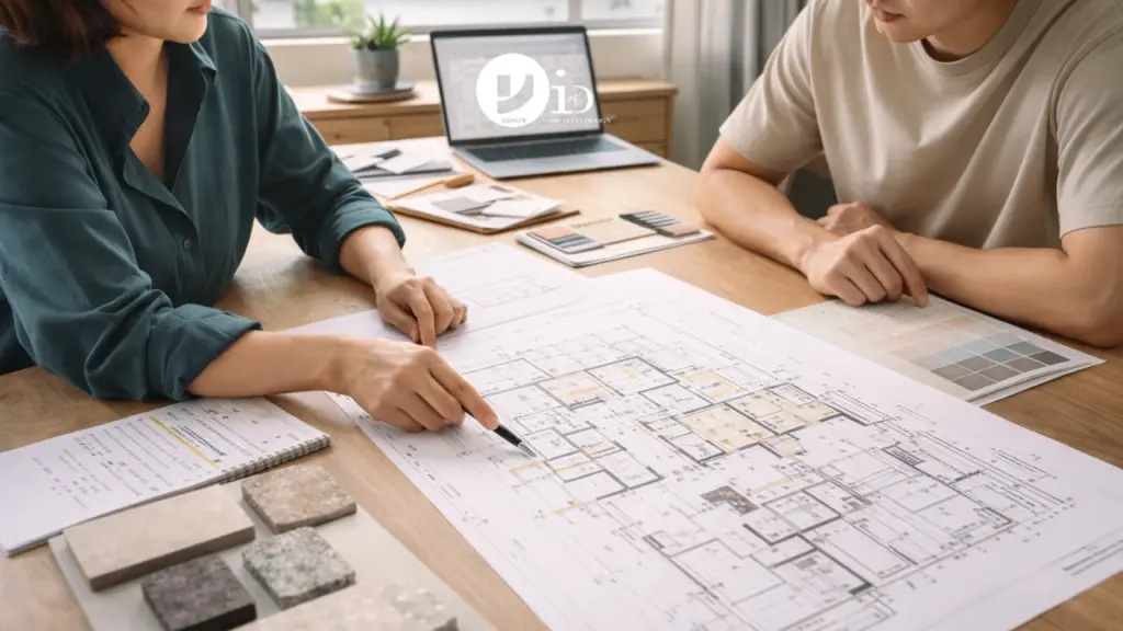 An interior designer reviews floor plans with a homeowner while discussing compliance with BTO renovation rules before renovation submission