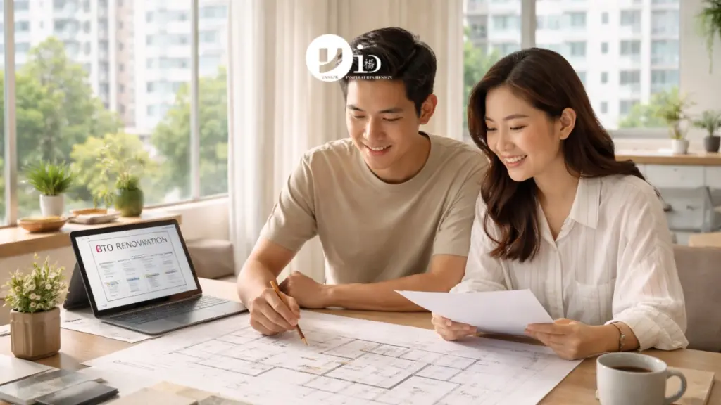 A Singapore homeowner couple reviews architectural drawings and guidelines while planning their renovation according to BTO renovation rules.