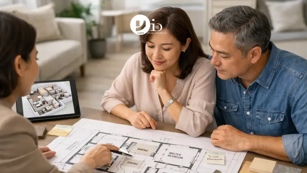 A couple reviewing a BTO 4 room floor plan with a designer, planning space layout in a modern interior setting