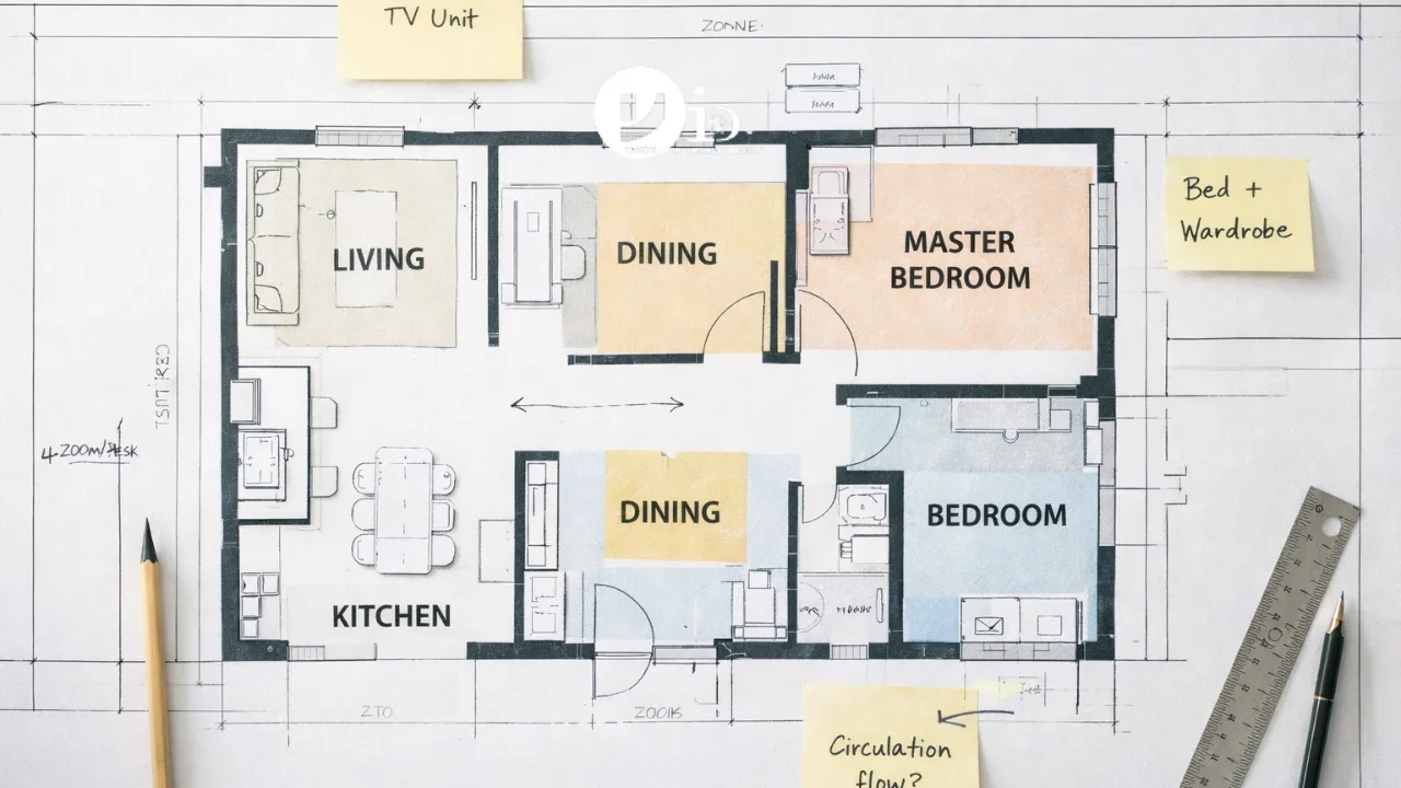 Top view of a BTO 4 room floor plan with labeled zones showing space planning and layout organization