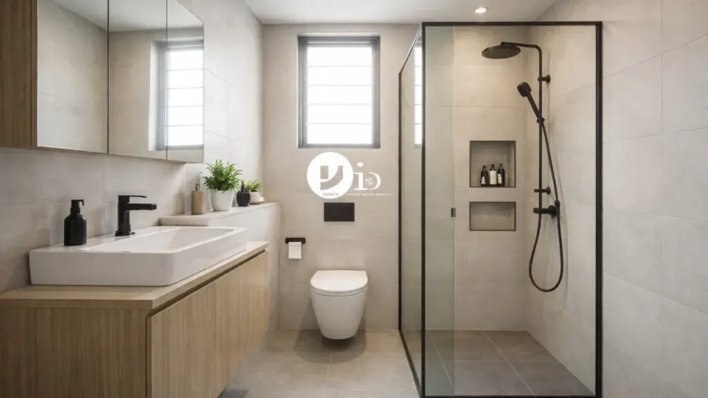 A compact and modern bto toilet design featuring an efficient layout with a glass shower partition and wall-mounted fixtures in a Singapore-style bathroom