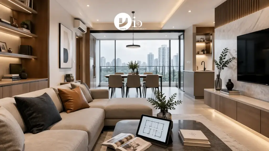 A modern open-plan condo interior in Singapore with a homeowner reviewing renovation plans, illustrating condo interior design Singapore strategies