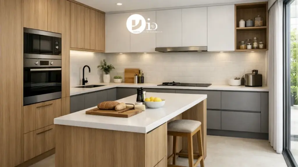 A modern condo kitchen design with built-in storage and a compact layout that maximizes limited space while maintaining a clean, elegant look