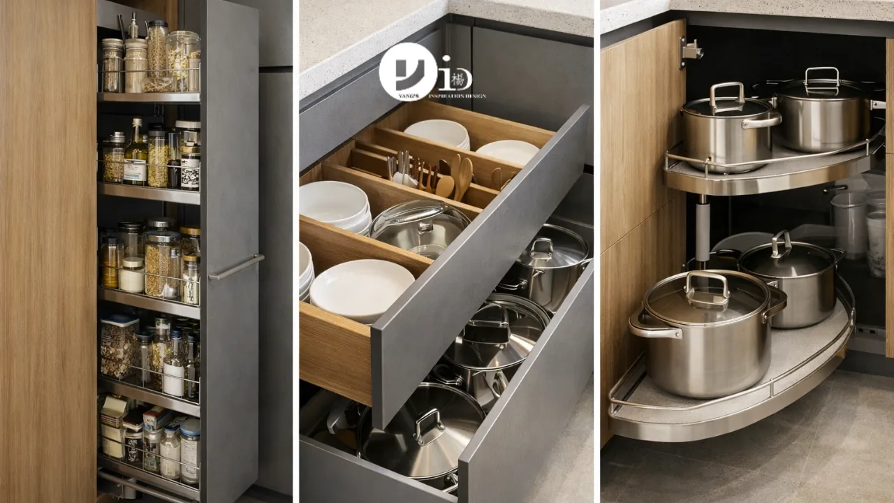 Detailed view of condo kitchen design storage solutions with pull-out racks and organized compartments for efficient space use
