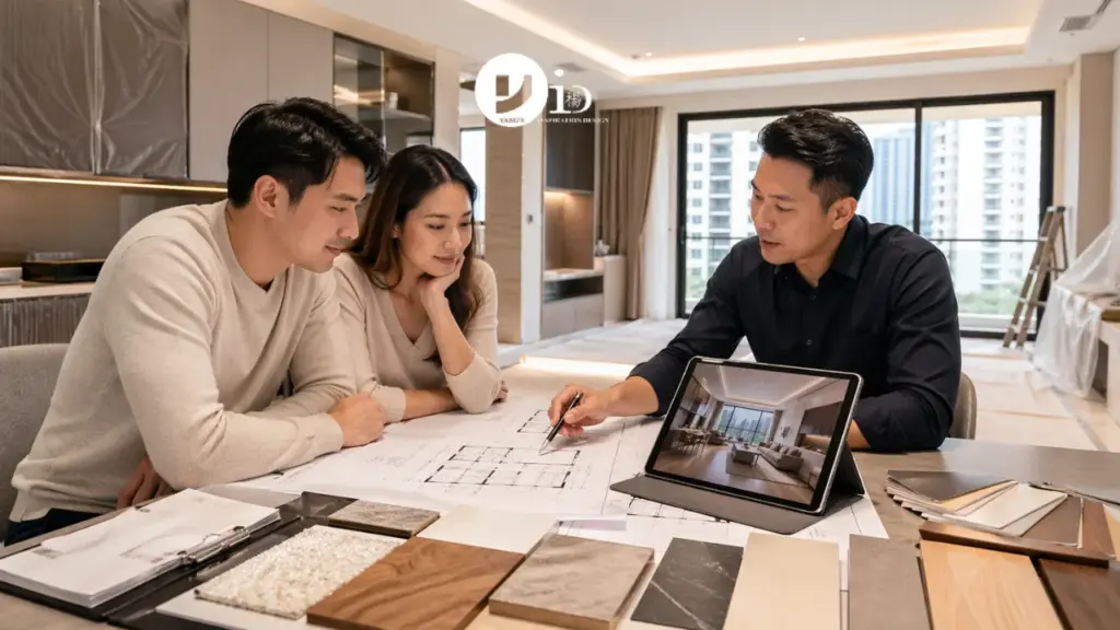 A homeowner reviews kitchen renovation plans with a condo renovation contractor in a partially completed modern condo kitchen