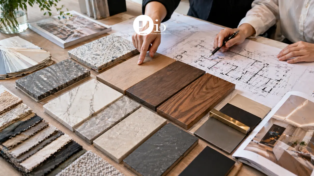 A homeowner evaluates kitchen material samples with a condo renovation contractor during a design consultation