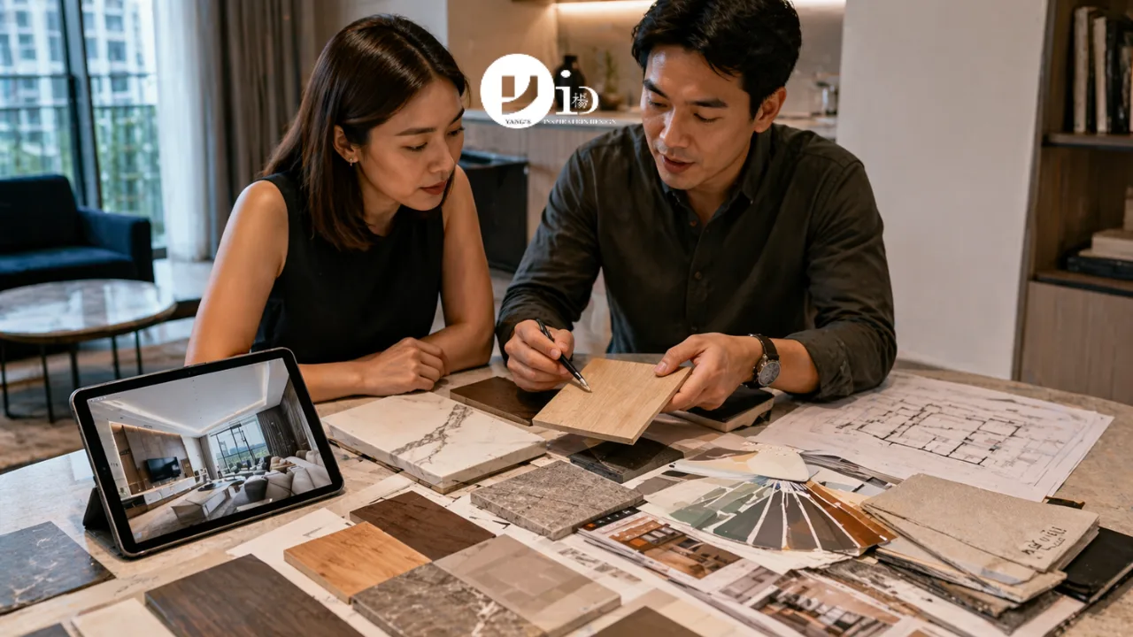Condo Renovation Cost in Singapore: What Most Homeowners Underestimate Before They Start 2 Homeowner reviewing material samples with a designer, reflecting decisions that impact condo renovation cost in Singapore