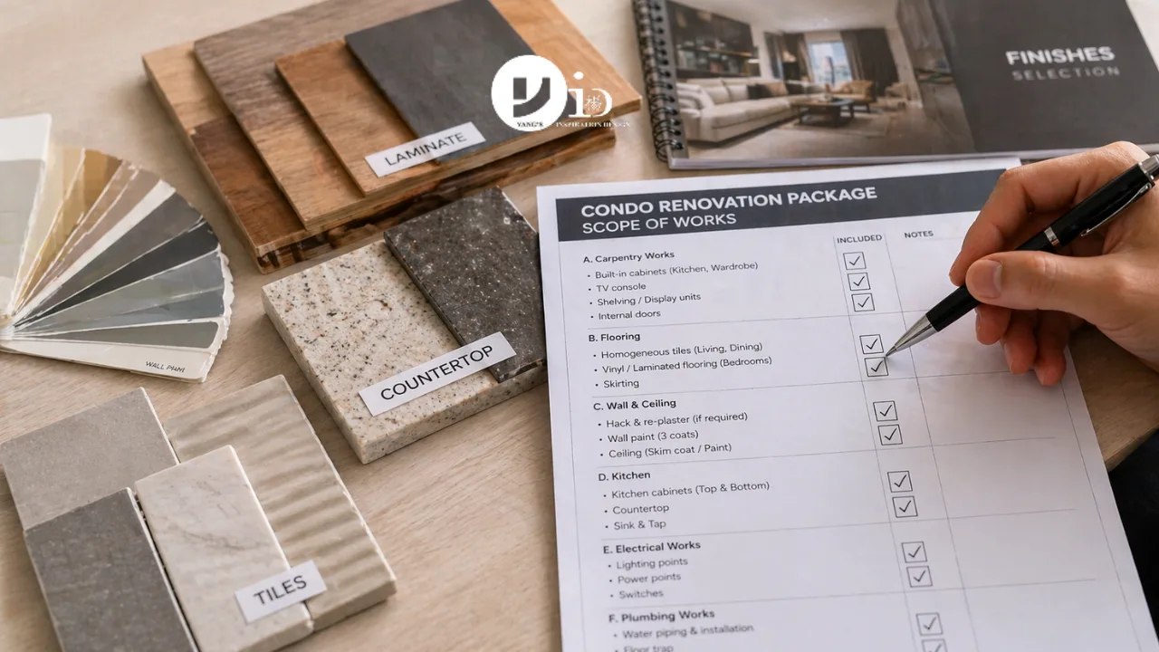 Close-up of renovation documents and material samples used to evaluate a condo renovation package scope and pricing details