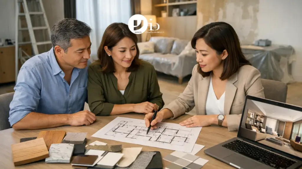 A homeowner discussing condo renovation plans with a designer in a modern Singapore apartment, reviewing layouts and materials