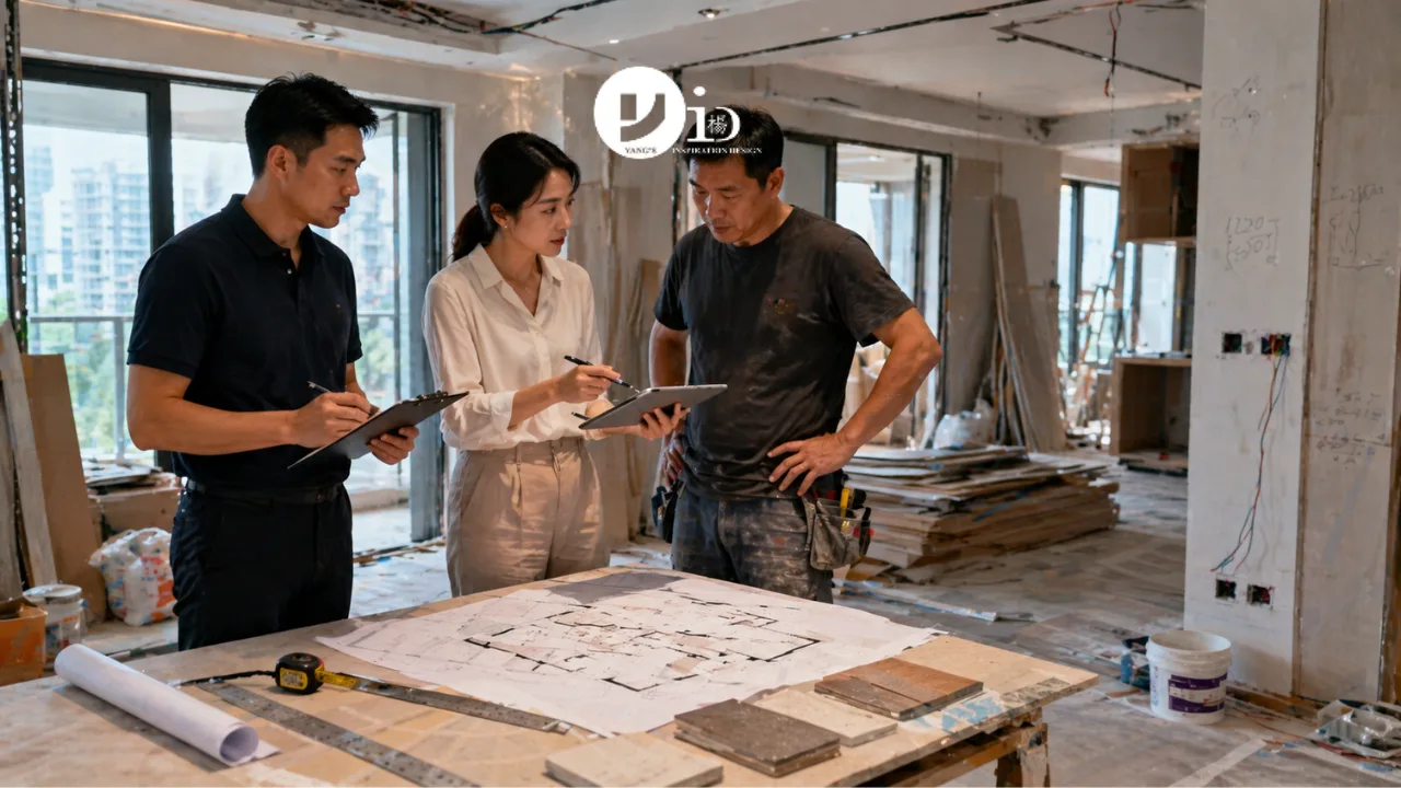 Contractors and a designer coordinate tasks that impact the condo renovation timeline inside a Singapore unit