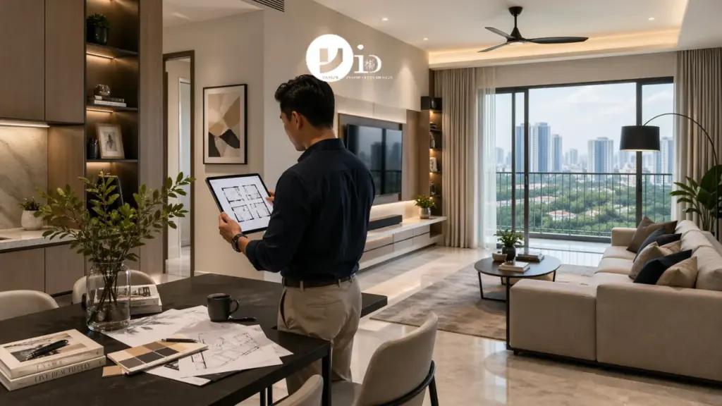 A modern condominium interior design in Singapore showing a well-zoned living and dining layout with minimalist styling and built-in storage