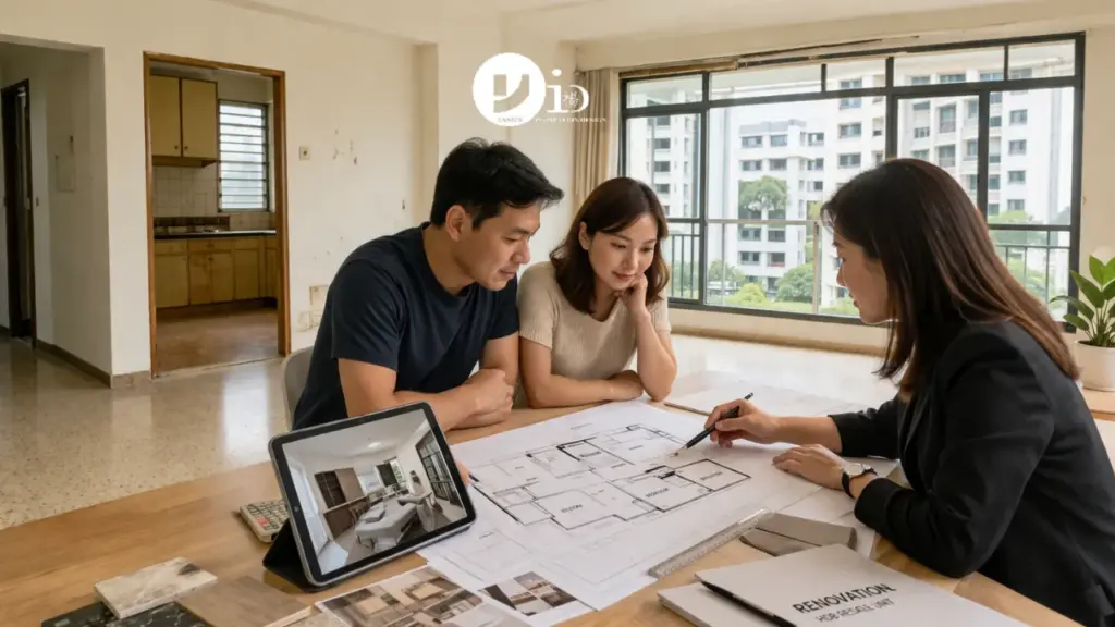 Couple reviewing plans with a designer inside an HDB resale renovation project, planning layout and upgrades before starting work