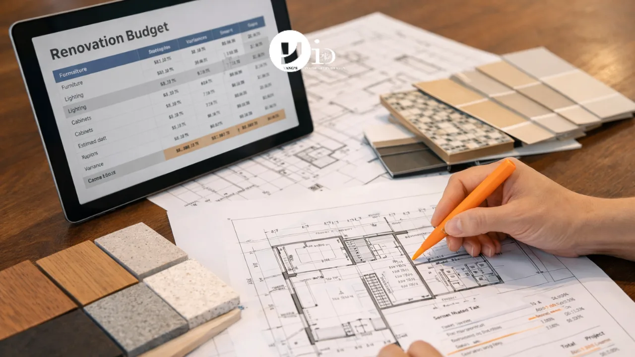 Renovation Loan Singapore: Comparison, Risks & Strategic Planning Guide 2 Close-up of renovation planning documents and budget details illustrating renovation loan Singapore cost considerations and risks